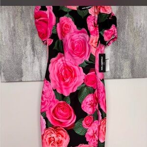Karl Lagerfeld Black Midi Dress with Vibrant Pink Rose Print